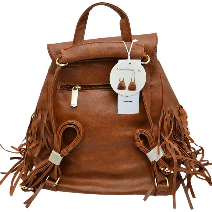 Brown Stylish Vegan Leather Fringe Backpack, is a high-quality vegan leather fringe backpack that enriches your fashion and represent your trendy choice. Wherever you go for travelling, tour, day out, picnic etc, it's the best accessory for carrying all necessary stuff in one place conveniently to be hands-free. It's highly durable, large size and nicely designed with fringe that drags out the real beauty. One will be able to carry through the whole day that a student needs the most.