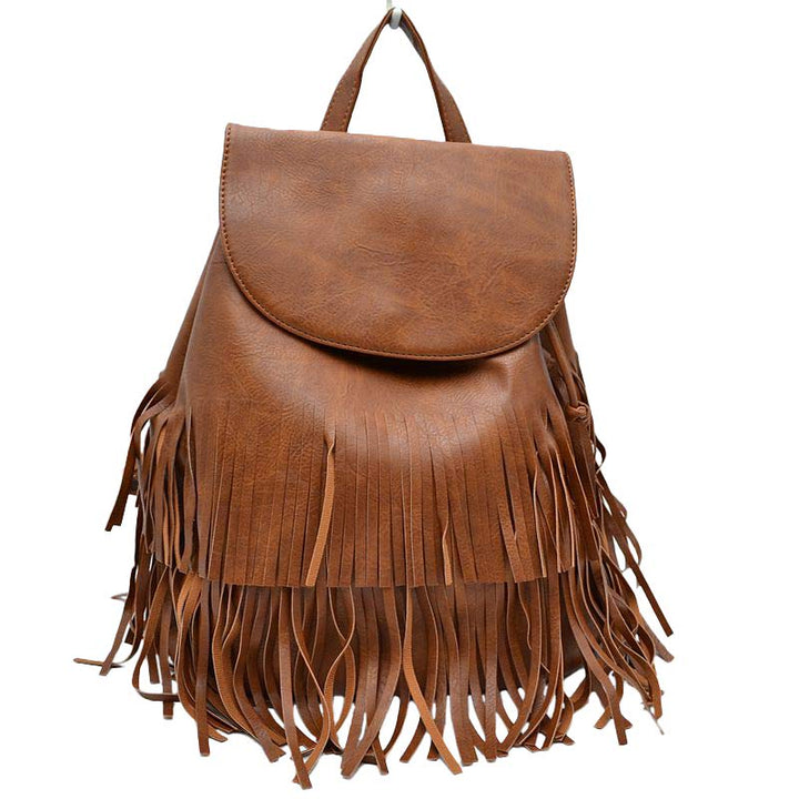 Brown Stylish Vegan Leather Fringe Backpack, is a high-quality vegan leather fringe backpack that enriches your fashion and represent your trendy choice. Wherever you go for travelling, tour, day out, picnic etc, it's the best accessory for carrying all necessary stuff in one place conveniently to be hands-free. It's highly durable, large size and nicely designed with fringe that drags out the real beauty. One will be able to carry through the whole day that a student needs the most.