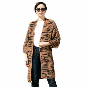 Brown Tiger Patterned Bell Sleeves Cardigan Outwear Cover Up, the perfect accessory, luxurious, trendy, super soft chic capelet, keeps you warm & toasty. You can throw it on over so many pieces elevating any casual outfit! Perfect Gift Birthday, Holiday, Christmas, Anniversary, Wife, Mom, Special Occasion