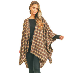 Brown Trendy Plaid Check Pattern Ruana, the perfect accessory, luxurious, trendy, super soft chic capelet, keeps you warm and toasty. You can throw it on over so many pieces elevating any casual outfit! Match well with jeans and T-shirts with these poncho ruana, Stay trendy and comfortable! Have it for your winter wardrobe with out any doubt.  Awesome winter gift accessory!