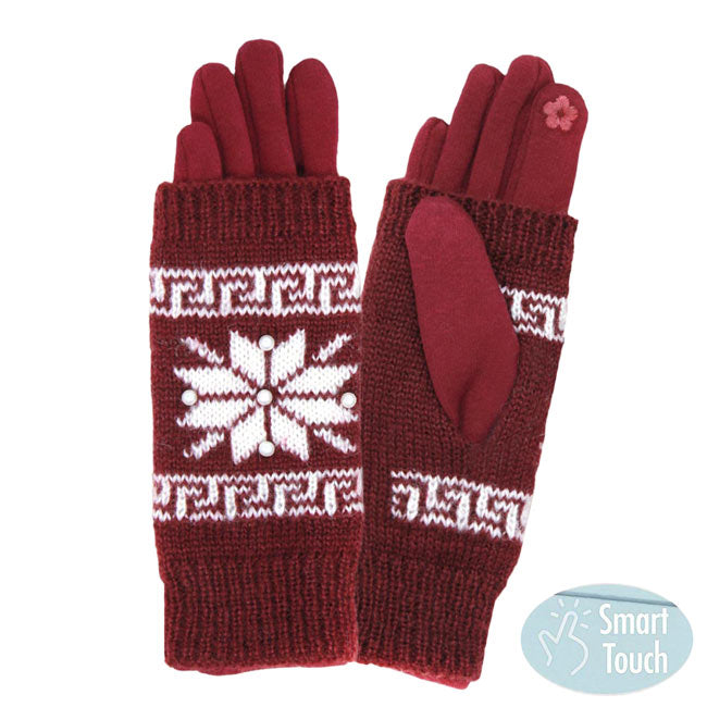 Burgundy 3 in 1 Knitted Snowflake Pearl Accented Smart Gloves, a pair of gorgeous snowflake themed gloves are practical and fashionable that make you more elegant and charming. They also keep your arms and hands warm enough and save you from the cold weather and chill. It's touchscreen compatible and stretches for a snug fit. Wear with any outfit with a perfect match at any place to add laughter, inspiration & joy to Christmas celebrations.