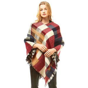Burgundy Acrylic Fall Winter Outwear Multi Colored Plaid Poncho, the perfect accessory, luxurious, trendy, super soft chic capelet, keeps you warm and toasty. You can throw it on over so many pieces elevating any casual outfit! Perfect Gift for Wife, Mom, Birthday, Holiday, Christmas, Anniversary, Fun Night Out