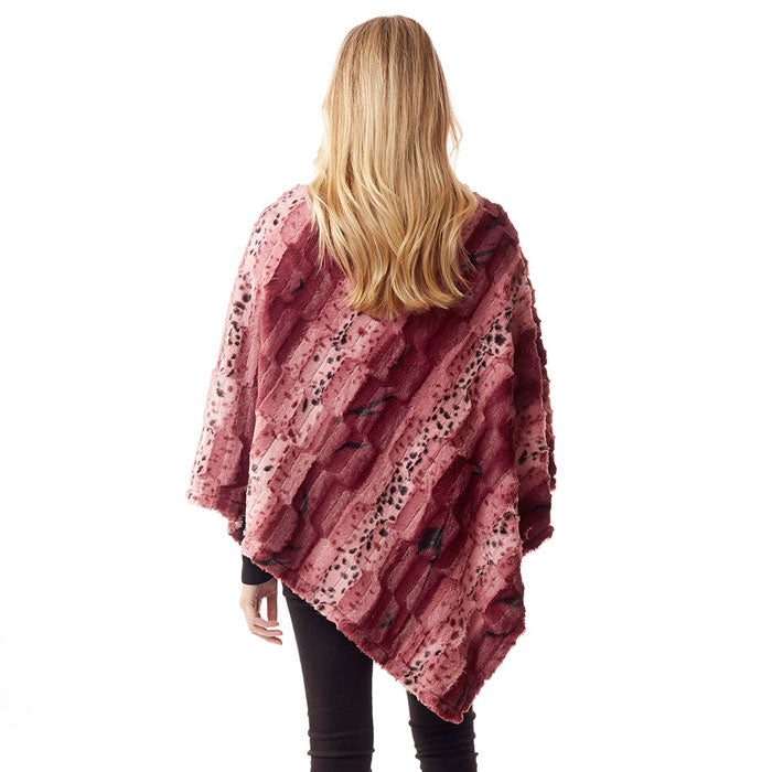 Burgundy Animal Patterned Faux Fur Soft Poncho, the perfect accessory, luxurious, trendy, super soft chic capelet, keeps you warm and toasty. You can throw it on over so many pieces elevating any casual outfit! Perfect Gift for Wife, Mom, Birthday, Holiday, Christmas, Anniversary, Fun Night Out