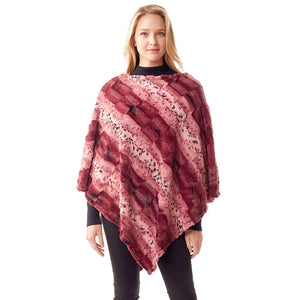 Burgundy Animal Patterned Faux Fur Soft Poncho, the perfect accessory, luxurious, trendy, super soft chic capelet, keeps you warm and toasty. You can throw it on over so many pieces elevating any casual outfit! Perfect Gift for Wife, Mom, Birthday, Holiday, Christmas, Anniversary, Fun Night Out
