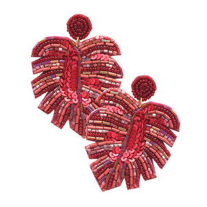 Burgundy Beaded Tropical Leaf Dangle Earrings. Look like the ultimate fashionista with these Earrings! Add something special to your outfit this Valentine! Special It will be your new favorite accessory. Perfect Birthday Gift, Mother's Day Gift, Anniversary Gift, Graduation Gift, Prom Jewelry, Valentine's Day Gift, Thank you Gift.