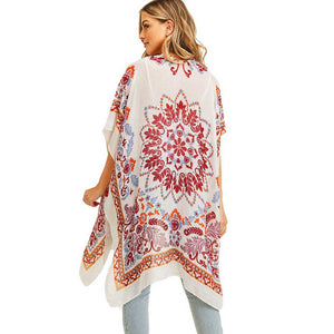 Burgundy Bohemian Print Cover Up Kimono Poncho. Lightweight and soft brushed fabric exterior fabric that make you feel more warm and comfortable. Cute and trendy Poncho for women .Great for dating, hanging out, daily wear, vacation, travel, shopping, holiday attire, office, work, outwear, fall, spring or early winter. Perfect Gift for Wife, Mom, Birthday, Holiday, Anniversary, Fun Night Out.