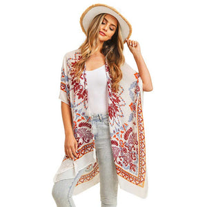 Burgundy Bohemian Print Cover Up Kimono Poncho. Lightweight and soft brushed fabric exterior fabric that make you feel more warm and comfortable. Cute and trendy Poncho for women .Great for dating, hanging out, daily wear, vacation, travel, shopping, holiday attire, office, work, outwear, fall, spring or early winter. Perfect Gift for Wife, Mom, Birthday, Holiday, Anniversary, Fun Night Out.