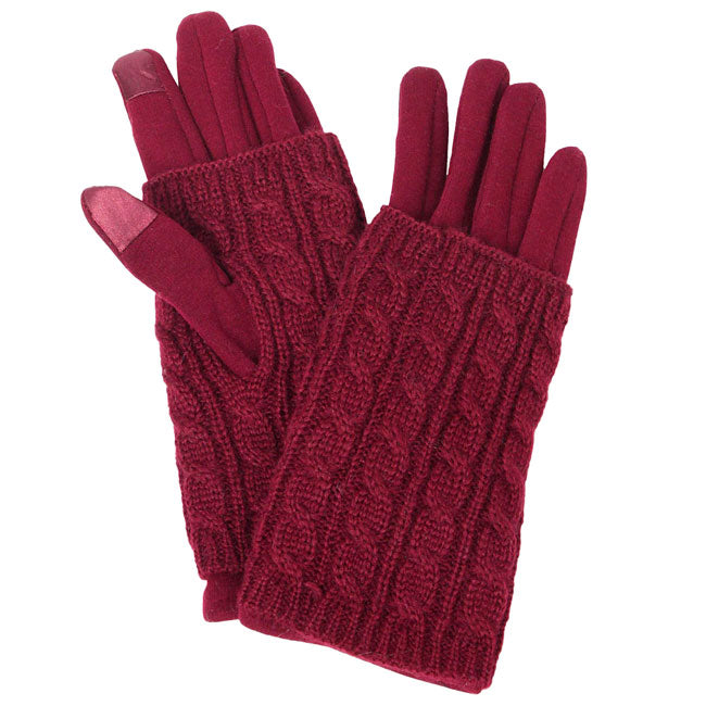 Burgundy Cable Knit Winter One Size Smart 3 In 1 Gloves. Before running out the door into the cool air, you’ll want to reach for these toasty gloves to keep your hands incredibly warm. Accessorize the fun way with these gloves, it's the autumnal touch you need to finish your outfit in style. Awesome winter gift accessory!
