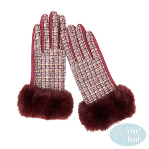 Burgundy Classic Tweed Faux Fur Cuff Trim Smart Gloves, are extra warm, cozy, and beautiful Faux Fur Cuff Smart Gloves that will protect you from the cold weather while you're outside and amp your beauty up in perfect style. It's a comfortable, Classic Trim Smart glove that will keep you perfectly warm and toasty. It's finished with a hint of stretch for comfort and flexibility.