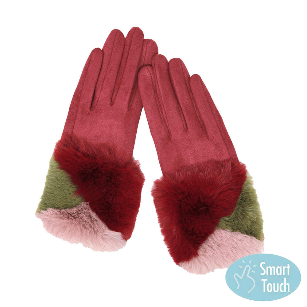 Burgundy Color Block Faux Fur Cuff Accented Soft Suede Smart Gloves, gives your look so much eye-catching texture w cool design, a cozy feel, fashionable, attractive, cute looking in winter season, these warm accessories allow you to use your phones. Perfect Birthday Gift, Valentine's Day Gift, Anniversary Gift.