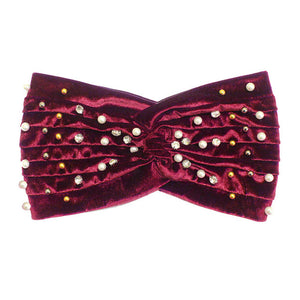 Burgundy Crystal Pearl Detailed Twisted Velvet Headband. Be ready to receive compliments. Be the ultimate trendsetter wearing this chic headband with all your stylish outfits! you will be protected in the harshest of elements, fit securely around your head against your ears and perfect for cold weather accessory
