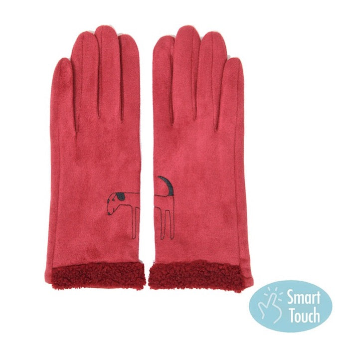 Burgundy Embroidery Dog Suede Boucle Fur Detailed Cuff Warm Winter Smart Gloves, gives your look so much eye-catching texture w cool design, a cozy feel, fashionable, attractive, cute looking in winter season, these warm accessories allow you to use your phones. Perfect Birthday Gift, Valentine's Day Gift, Anniversary Gift, Just Because Gift