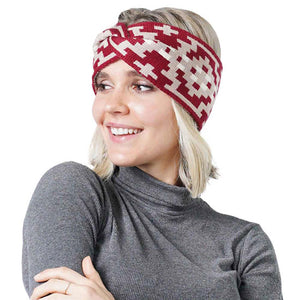 Burgundy Fashionable Western Pattern Knit Headband. On trend & fabulous, a luxe addition to any cold-weather ensemble. Great for daily wear in the cold winter to protect you against chill, classic infinity-style scarf & amps up the glamour with plush material that feels amazing snuggled up against your cheeks. perfect Gift for Wife, Mom, Birthday, Holiday, Christmas, Anniversary, Fun Night Out!