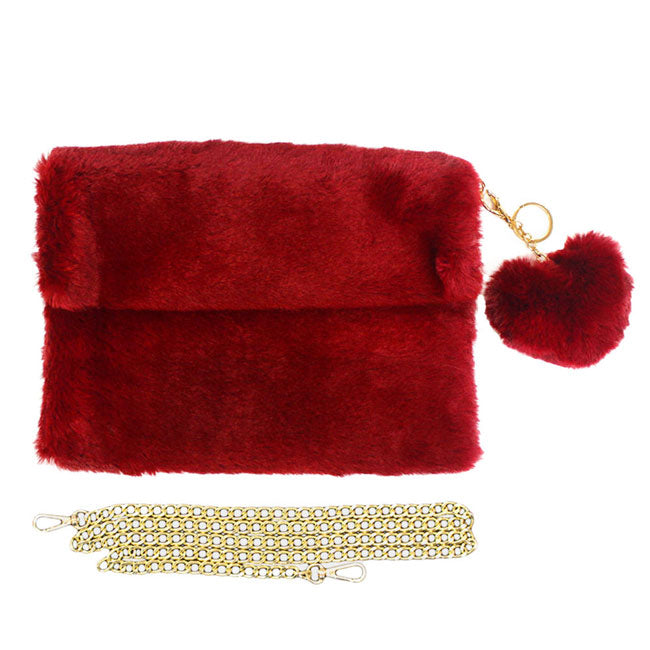 Burgundy Detachable Heart Pom Pom Keychain Faux Fur Crossbody Bag the must have statement look, adds a chic, trendy touch to your ensemble. Add a pop of color with this versatile bag, detachable gold chain shoulder strap so you can switch up the style to suit your outfit, great for a night out. Soiree-ready perfect for wedding, prom, night out, sweet 16, Quinceañera. perfect birthday gift, anniversary gift, valentine's day gift, etc. 