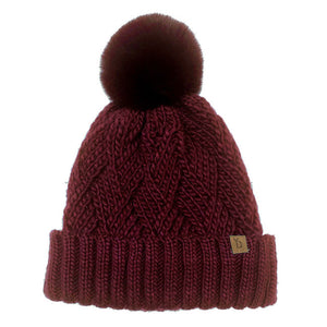 Burgundy Faux Fur Pom Pom Cable Knit Beanie Hat, Accessorize the fun way with this pom pom beanie hat, the autumnal touch you need to finish your outfit in style. Awesome winter gift accessory! Perfect Gift Birthday, Christmas, Holiday, Anniversary, Valentine’s Day, Loved One.