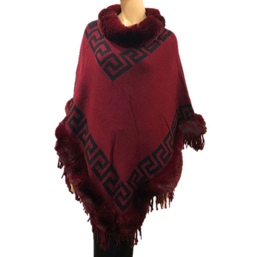 Faux Fur Trim Burgundy Knit Greek Key Poncho Ruana, Burgundy Meander Pattern with Faux Fur Trim Poncho Ruana, warm soft and elegant, great for any occasion, will become your favorite accessory