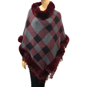 Burgundy Faux Fur Trim Knit Plaid Poncho Ruana, Burgundy Plaid Pattern with Faux Fur Trim Poncho Ruana, warm soft and elegant, great for any occasion, will become your favorite accessory