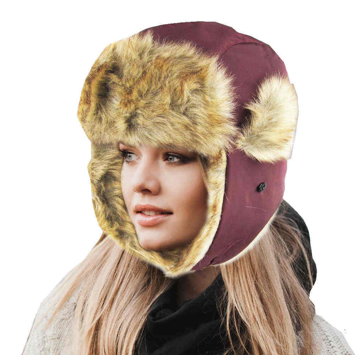 Burgundy Faux Fur Trimmed Solid Trapper Hat Soft Faux Fur Hat Warm Fleece Lined Hat very comfortable winter hat is so soft, it’s plush Ear Flaps will keep you oh so warm, the faux fur lining keeps you toasty in the coldest weather. A cold winter must have! Perfect Gift Birthday, Christmas, Holiday, Anniversary, etc.