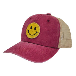 Burgundy Glittered Smile Patch Mesh Back Baseball Cap, features an embroidered smile face patch on the front, bringing a smile to everyone you pass by and showing your kindness to others. The pre-curved brim of the smile mesh baseball cap helps shield sunlight, keeping your face from harmful ultraviolet rays and preventing sunburn in summer. This beautiful baseball cap is comfortable to wear for a long time in hot weather. Glittered smile patch baseball cap is great for outdoor activities or indoor wear.