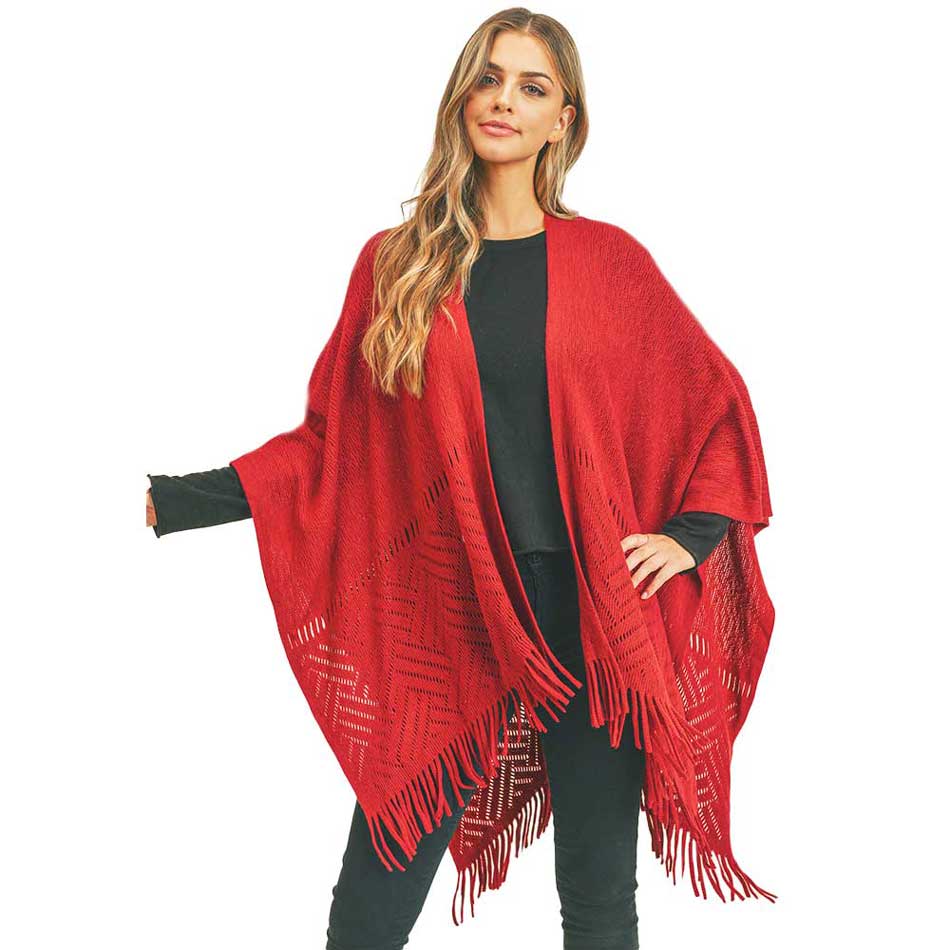 Burgundy Herringbone Knit Fringe Ruana, With this lovely ruana shawl, you can draw attention to the contrast of different outfits. Herringbone Pattern With Fringe Design that Gives it a unique decorative and modern look. Match well with jeans and T-shirts or vest, A fashionable eye catcher, will quickly become one of your favorite accessories, warm and goes with all your winter outfits.