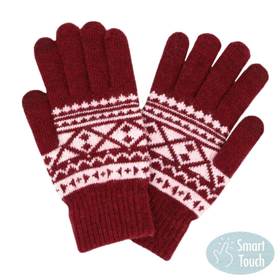 Burgundy Knit Aztec Smart Gloves, ensure you keep warm and toasty in a fashionable way in winter and on cold days. Perfect to complete your trendy outfit. It's perfect to use your electronic devices and touchscreens with ease while keeping your fingers covered, and swiping away! A pair of these gloves are a cool gift this winter for your family, friends, anyone you love, and even yourself. Enjoy the winter in a cool way!