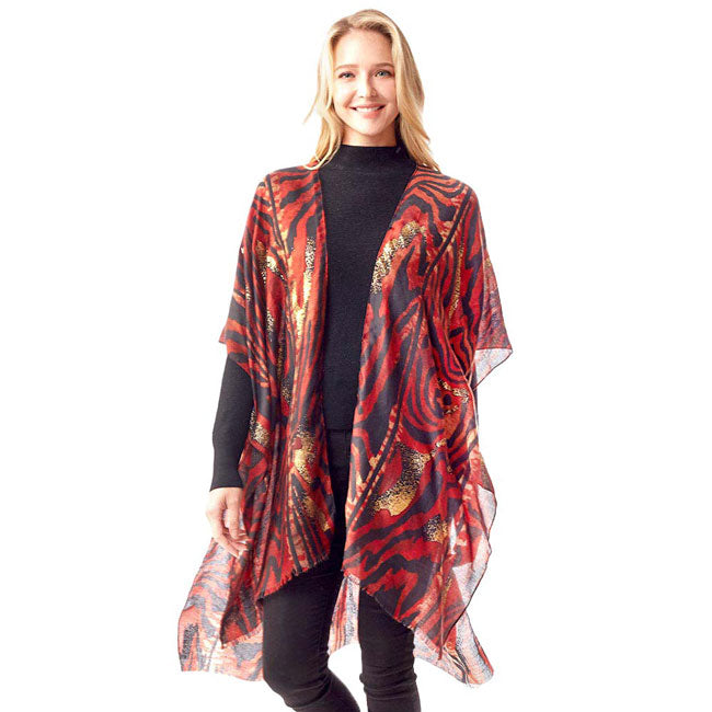 Burgundy Mixed Animal Printed Gold Foil Accented Ruana Poncho, on-trend & fabulous design make it eye-catching and beautiful. It will keep you cozy and comfortable on winter and cold days. Go outside with confidence and beauty with this animal-designed ponchos. It's a luxe addition to any cold-weather ensemble. Great for daily wear in the cold winter to protect you against the chill.