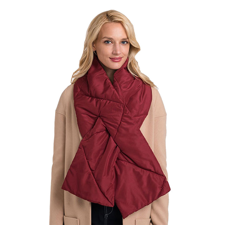 Burgundy Padding Oblong Pull Through Scarf, delicate, warm, on trend & fabulous, a luxe addition to any cold-weather ensemble. Great for daily wear in the cold winter to protect you against chill, classic infinity-style scarf & amps up the glamour with plush material that feels amazing snuggled up against your cheeks.