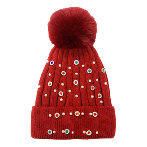Burgundy Pearl Stone Embellished Detail Pom Pom Beanie Hat. Before running out the door into the cool air, you’ll want to reach for these toasty beanie hats to keep your hands incredibly warm. Accessorize the fun way with these beanie hats, it's the autumnal touch you need to finish your outfit in style. Awesome winter gift accessory!