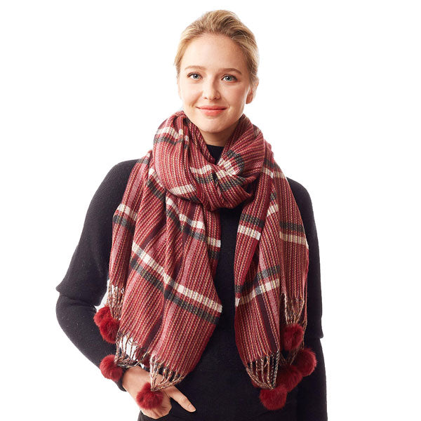 Burgundy Plaid Check Patterned Pom Pom Oblong Scarf, accent your look with this soft, highly versatile plaid scarf. A rugged staple brings a classic look, adds a pop of color & completes your outfit, keeping you cozy & toasty. Perfect Gift Birthday, Holiday, Christmas, Anniversary, Valentine's Day