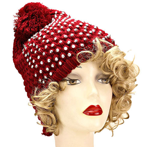 Burgundy Silver Studded Acrylic Pom Beanie Hats, Accessorize the fun way with this pom pom beanie hat, the autumnal touch you need to finish your outfit in style. Awesome winter gift accessory! Perfect Gift Birthday, Christmas, Holiday, Anniversary, Valentine’s Day, Loved One.