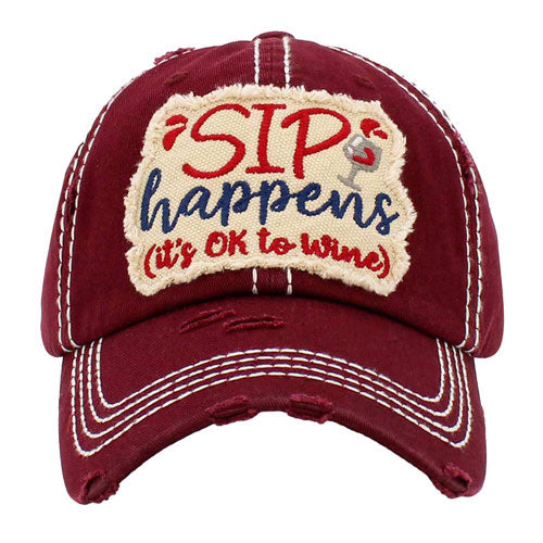 Burgundy Sip Happens Its Ok To Wine Vintage Baseball Cap, it is an adorable baseball cap that has a vintage look, giving it that lovely appearance. This message themed wine Cap is perfect for your beach vacation or drinking by the pool! Fun cool vintage cap perfect for those who love to drink wine. Perfect for walking in the sun or rain. No matter where you go on the beach or summer party it will keep you cool and comfortable.