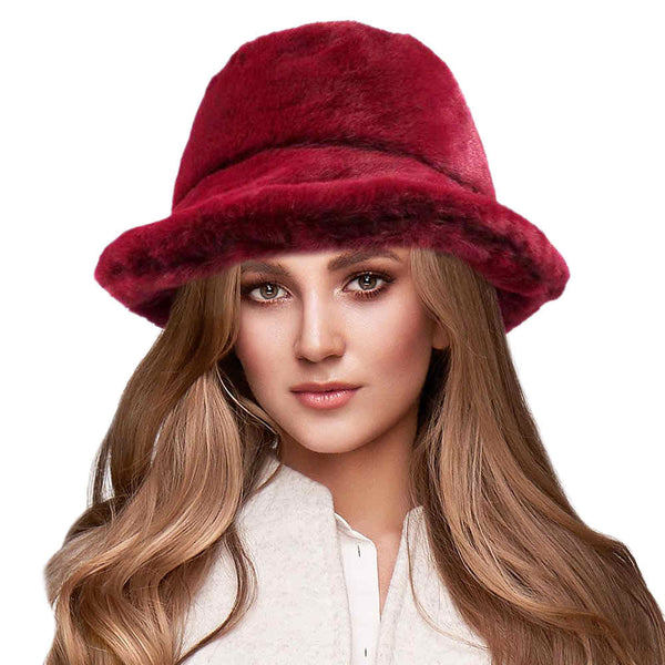 Burgundy Soft Faux Fur Bucket Hat, stay warm and cozy, protect yourself from the cold, this most recognizable look with remarkable bold, soft & chic bucket hat, features a rounded design with a short brim. The hat is foldable, great for daytime. Perfect Gift for cold weather; Black, Brown, Burgundy; 100% Acrylic;