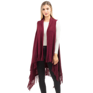 Burgundy Knit Design Solid Fringe Tassel Knit Poncho Outwear Ruana Cape Vest, the perfect accessory, luxurious, trendy, super soft chic capelet, keeps you warm & toasty. You can throw it on over so many pieces elevating any casual outfit! Perfect Gift Birthday, Holiday, Christmas, Anniversary, Wife, Mom, Special Occasion
