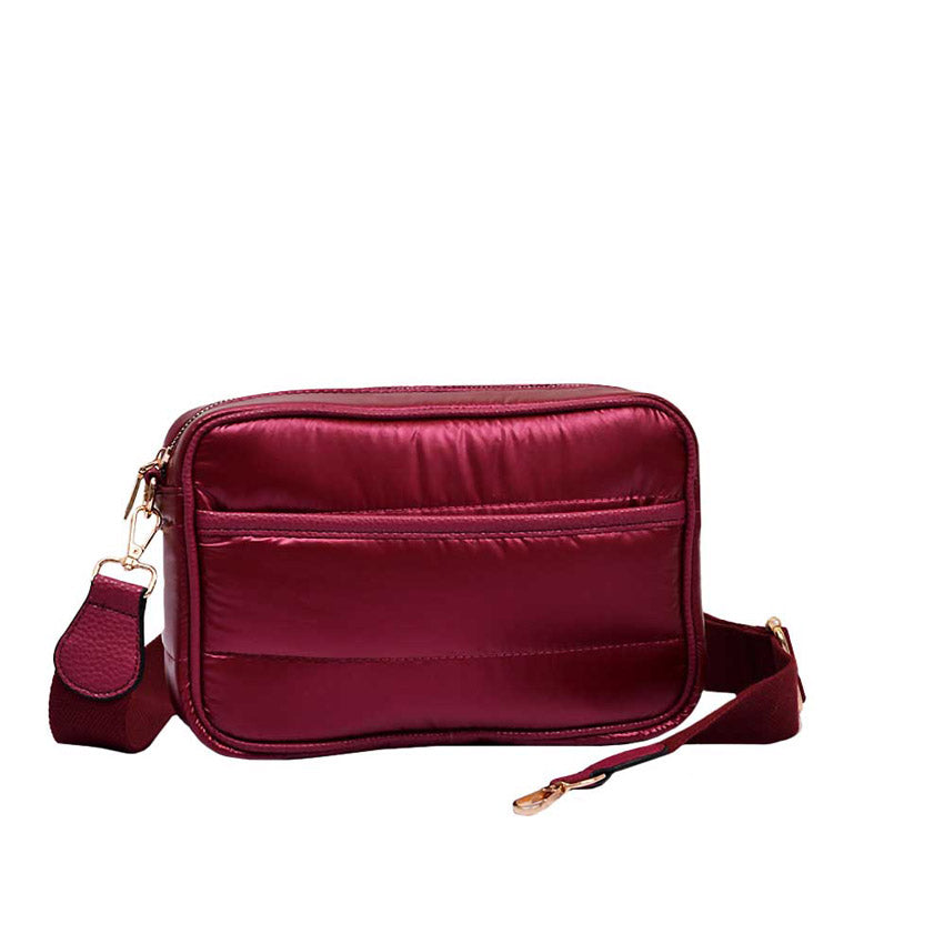 Burgundy Solid Rectangle Puffer Crossbody Bag, Complete the look of any outfit on all occasions with this Puffer Crossbody Bag. This Puffer bag offers enough room for your essentials. Featuring a one-front slip Pocket, two inside slip Pockets, and a Zipper closure at the top, this bag will be your new go-to! The zipper closure design ensures the safety of your property. These beautiful and trendy Crossbodies have adjustable and detachable hand straps that make your life more comfortable.