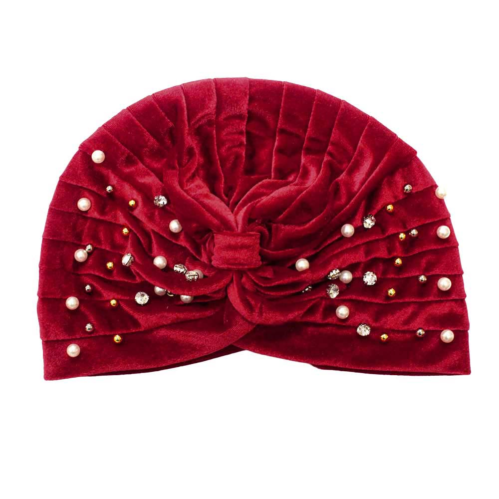 Burgundy Stone Pearl Detailed Pleated Turban Beanie Hat, is perfectly cozy and trendy that beautifully made with abstract patterns, and meets your chosen goal to keep you stand out. It keeps you warm and toasty while running out the door in the cool air saving you from chill and dust. It perfectly fits your head. A beautiful winter gift accessory for Birthdays, Christmas, Stocking stuffers, Secret Santa, holidays, anniversaries, Valentine's Day, etc. Stay toasty with perfect warmth!