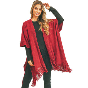 Burgundy Trim Detail Fringe Kimono. Crafted with high-quality material which makes it durable, comfortable to wear, and super breathable. This kimono has an open front that gives the decent personality and most stylish peeks. Give a style boost to any of your outfits with this gorgeous kimono collection. These fringe kimono enhance the beauty of the piece. Suitable for Holiday, Casual or any Occasions in Spring, Summer and Autumn.  