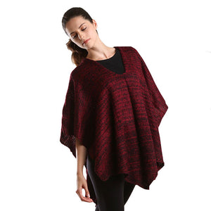 Burgundy Two tone knit V- neck poncho, the top is made of soft and breathable material. It keeps you absolutely warm and stylish at the same time! Easy to pair with so many tops. Suitable for Weekend, Work, Holiday, Beach, Party, Club, Night, Evening, Date, Casual and Other Occasions in Spring, Summer, and Autumn. Throw it on over so many pieces elevating any casual outfit! Perfect Gift for Wife, Mom, Birthday, Holiday, Anniversary, Fun Night Out.