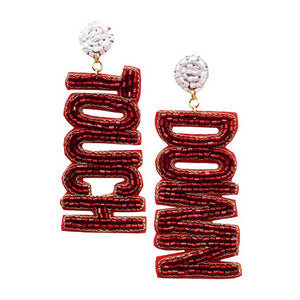 Burgundy White Felt Back Touch Down Message Beaded Dangle Earrings. Gift someone or yourself these ultra-chic earrings, they will take your look up a notch, these sports themed earrings versatile enough for wearing straight through the week, coordinate with any ensemble from business casual to wear, the perfect addition to every outfit. Perfect jewelry gift to expand a woman's fashion wardrobe with a modern, on trend style.