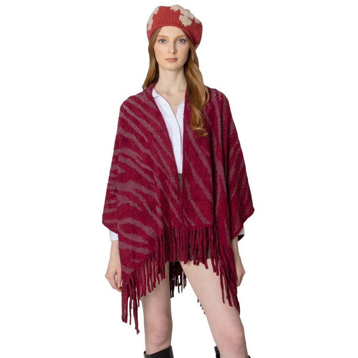 Burgundy Zebra Patterned Crochet Poncho, on-trend & fabulous will surely amp up your beauty in perfect style. A luxe addition to any cold-weather ensemble. The perfect accessory, luxurious, trendy, super soft chic capelet. It keeps you warm and toasty in winter & cold weather. You can throw it on over so many pieces elevating any casual outfit! Perfect Gift for Wife, Mom, Birthday, Holiday, Anniversary, or Fun Night Out. Have a comfortable winter!