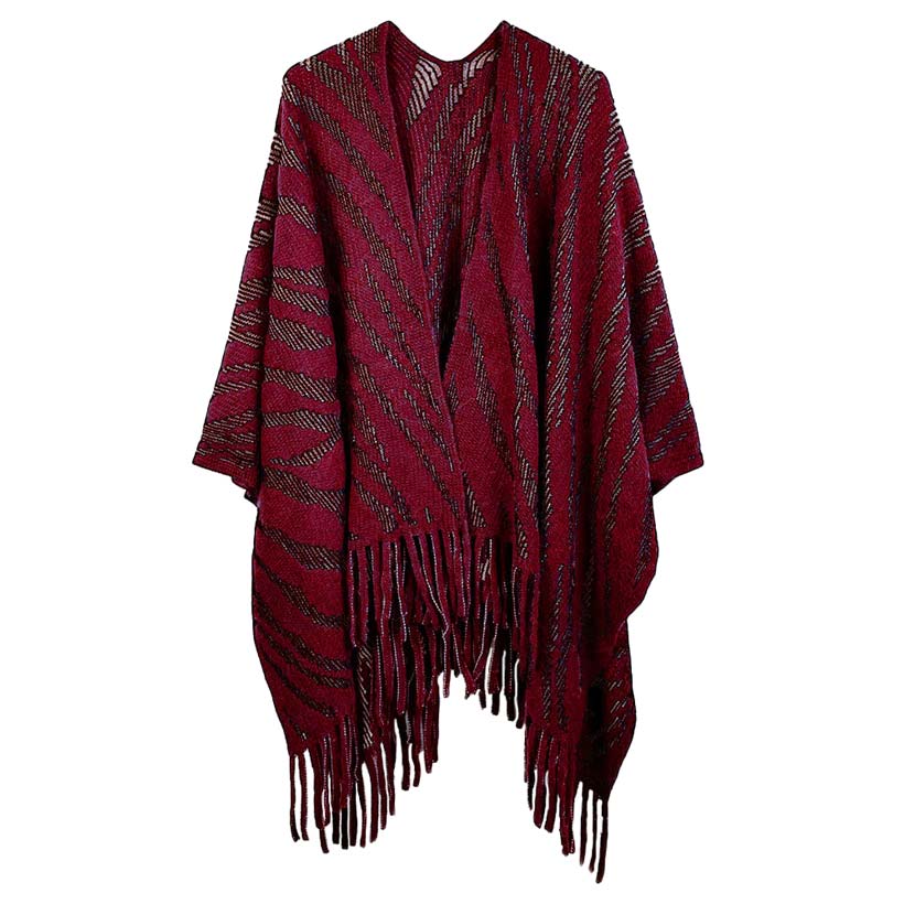 Burgundy Zebra Patterned Crochet Poncho, on-trend & fabulous will surely amp up your beauty in perfect style. A luxe addition to any cold-weather ensemble. The perfect accessory, luxurious, trendy, super soft chic capelet. It keeps you warm and toasty in winter & cold weather. You can throw it on over so many pieces elevating any casual outfit! Perfect Gift for Wife, Mom, Birthday, Holiday, Anniversary, or Fun Night Out. Have a comfortable winter!