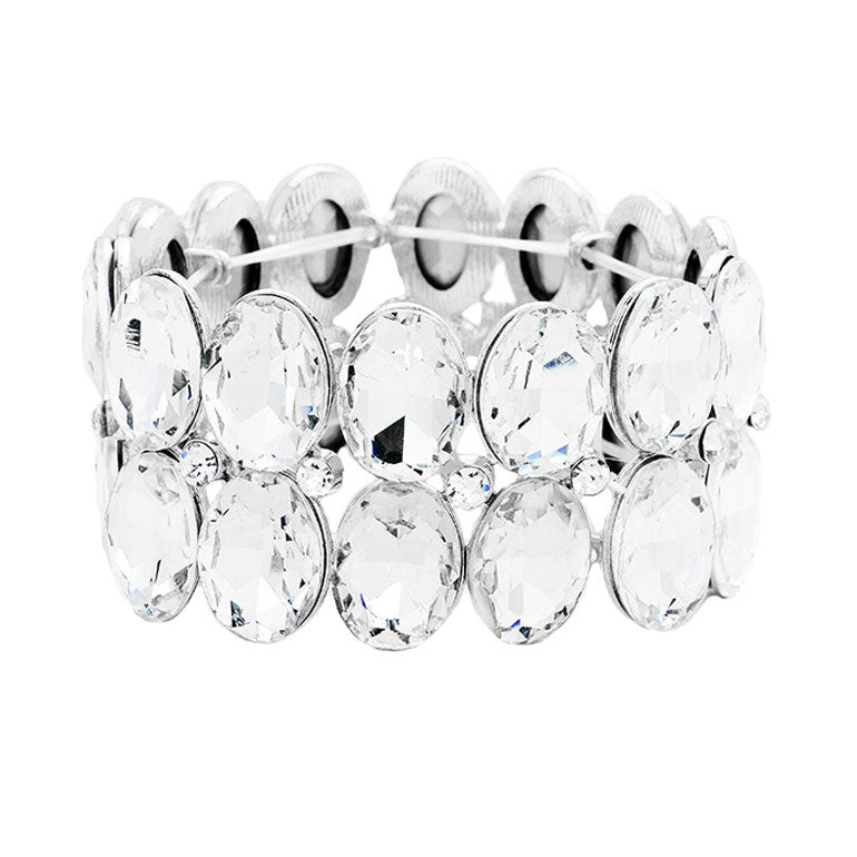 Clear Silver Glass Crystal Oval Stone Cluster Stretch Bracelet. Get ready with these Bracelet, put on a pop of colour to complete your ensemble. Perfect for adding just the right amount of shimmer & shine and a touch of class to special events. Perfect Birthday Gift, Anniversary Gift, Mother's Day Gift, Graduation Gift, Prom Jewellery, Just Because Gift, Thank you Gift.