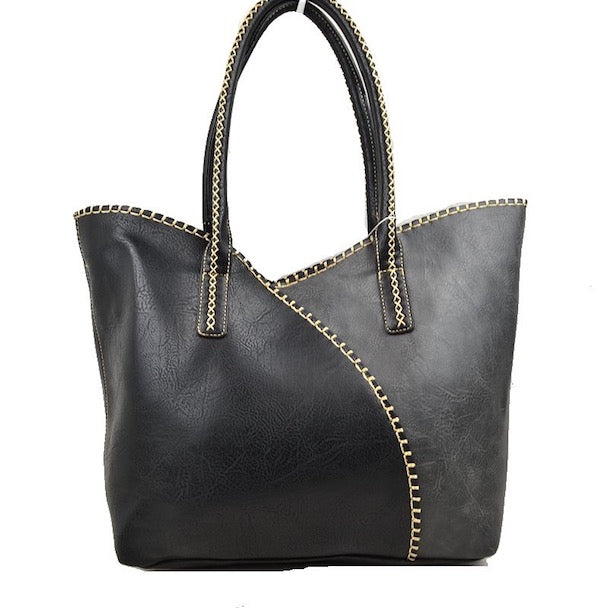 Black and Gray Vegan Tote 2 in 1 Faux Leather Stitched Shoulder Bag Hobo Tote, largely spaced, daily necessities can be put into this bag, designer inspired, includes a smaller pouch & long strap to use separately, take it to school, work or a day trip. Coordinate with any ensemble from business casual to everyday wear. Perfect Gift