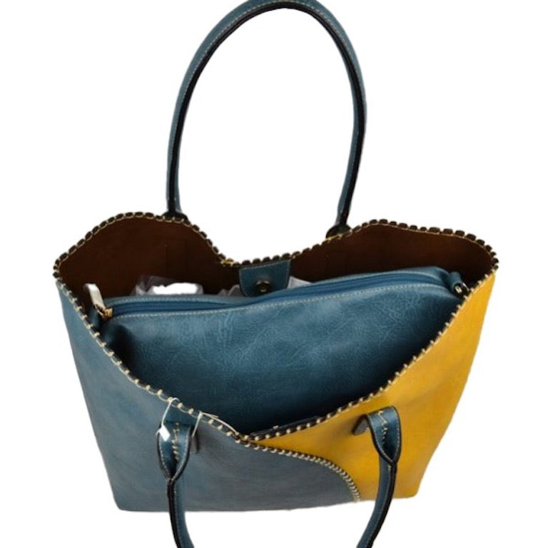 Blue and Mustard Vegan Tote 2 in 1 Faux Leather Stitched Shoulder Bag Hobo Tote, largely spaced, daily necessities can be put into this bag, designer inspired, includes a smaller pouch & long strap to use separately, take it to school, work or a day trip. Coordinate with any ensemble from business casual to everyday wear. Perfect Gift