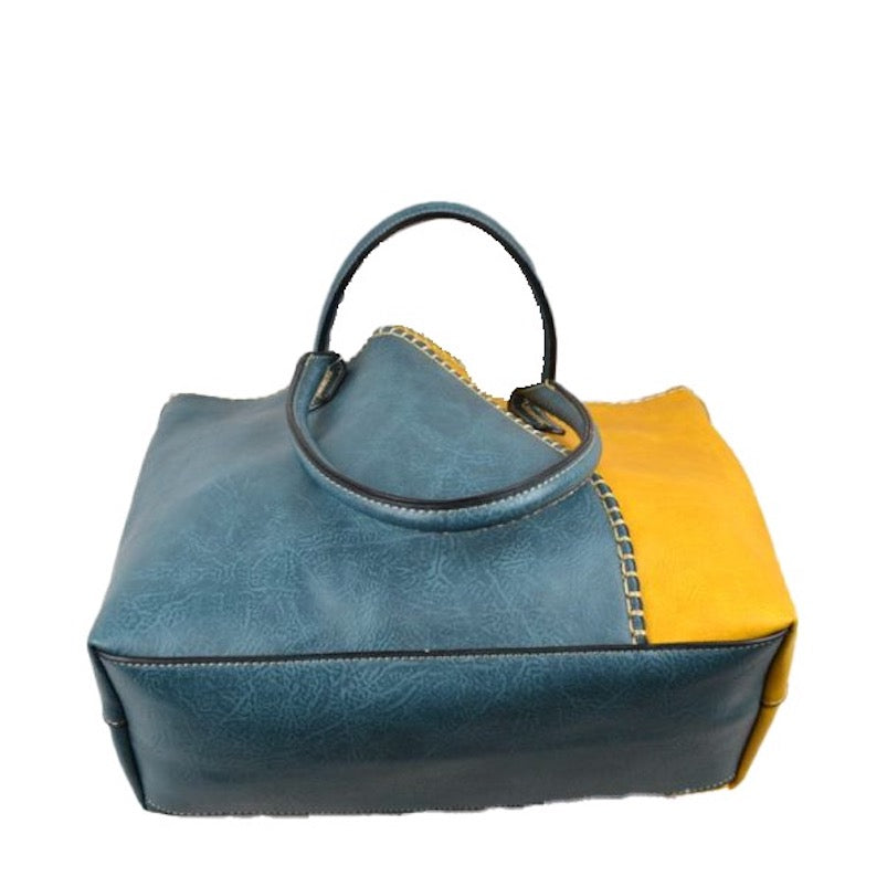 Blue and Mustard Vegan Tote 2 in 1 Faux Leather Stitched Shoulder Bag Hobo Tote, largely spaced, daily necessities can be put into this bag, designer inspired, includes a smaller pouch & long strap to use separately, take it to school, work or a day trip. Coordinate with any ensemble from business casual to everyday wear. Perfect Gift