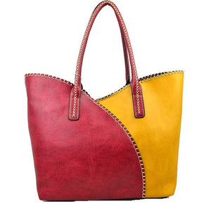 Red and Yellow Vegan Tote 2 in 1 Faux Leather Stitched Shoulder Bag Hobo Tote, largely spaced, daily necessities can be put into this bag, designer inspired, includes a smaller pouch & long strap to use separately, take it to school, work or a day trip. Coordinate with any ensemble from business casual to everyday wear. Perfect Gift
