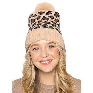 Camel Acrylic Leopard Patterned Faux Fur Pom Pom Ribbed Beanie Hat, Accessorize the fun way with this pom pom beanie hat, the autumnal touch you need to finish your outfit in style. Awesome winter gift accessory! Perfect Gift Birthday, Christmas, Holiday, Anniversary, Valentine’s Day, Loved One.