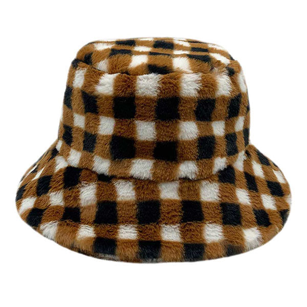 Camel Checkered Faux Fur Bucket Hat, Show your excellent choice with this chic Faux Fur Bucket Hat. Have fun and look Stylish anywhere outdoors. Great for covering up when you are having a bad hair day. Perfect for protecting you from the sun, rain, wind, snow, beach, pool, camping, or any outdoor activities. Amps up your outlook with confidence with this trendy bucket hat.