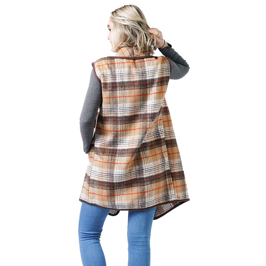 Camel Fashionable Plaid Check Vest With Pocket, the perfect accessory for boosting up your gorgeousness and confidence with comfort. It's a luxurious, trendy, super soft chic capelet that keeps you smarter, warm, and toasty. You can throw it on over so many pieces elevating any casual outfit! Perfect Gift for Wife, Mom, Birthday, Holiday, Christmas, Anniversary, Fun Night Out. Wherever you go, show your confidence with this fashionable vest.
