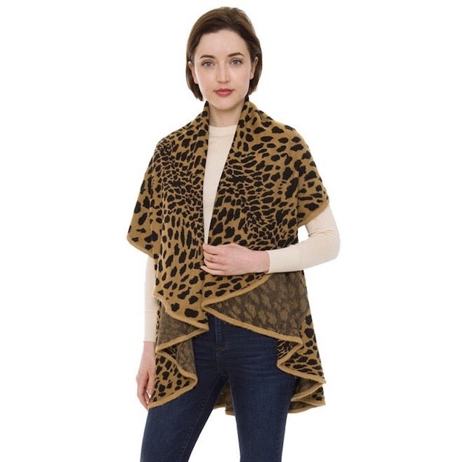 Camel Leopard Printed Animal Pattern Design Soft Poncho Outwear Shawl Cape Vest, the perfect accessory, luxurious, trendy, super soft chic capelet, keeps you warm & toasty. You can throw it on over so many pieces elevating any casual outfit! Perfect Gift Birthday, Holiday, Christmas, Anniversary, Wife, Mom, Special Occasion