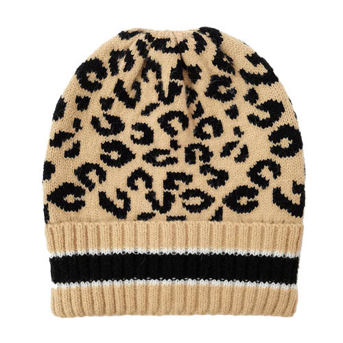 Camel Leopard Patterned Striped Cuff Knit Beanie Hat, Before running out the door into the cool air, you’ll want to reach for these toasty beanie to keep your hands incredibly warm. Accessorize the fun way with these beanie, it's the autumnal touch you need to finish your outfit in style. Awesome winter gift accessory!